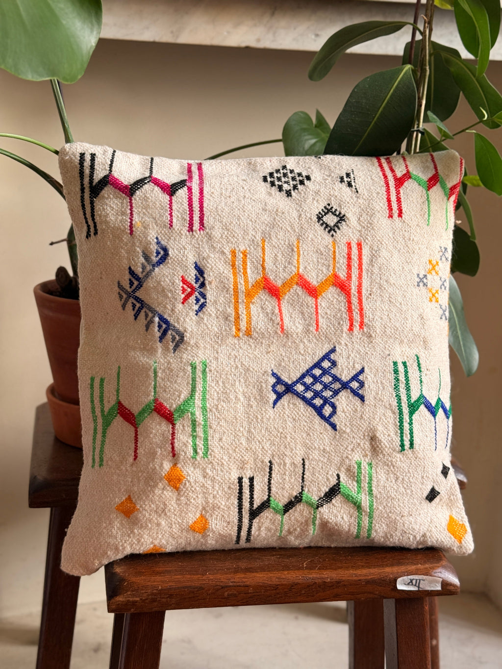 Handmade Moroccan Amazigh (Berber) Wool Pillow Cover - Tribal Embroidered Cushion - Beni Ourain - Tissire Atelier - 