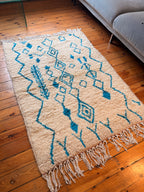 Amazigh (Berber) Rug - Cream with Blue Lines - Moroccan Wool Rug - Tissire Atelier - 