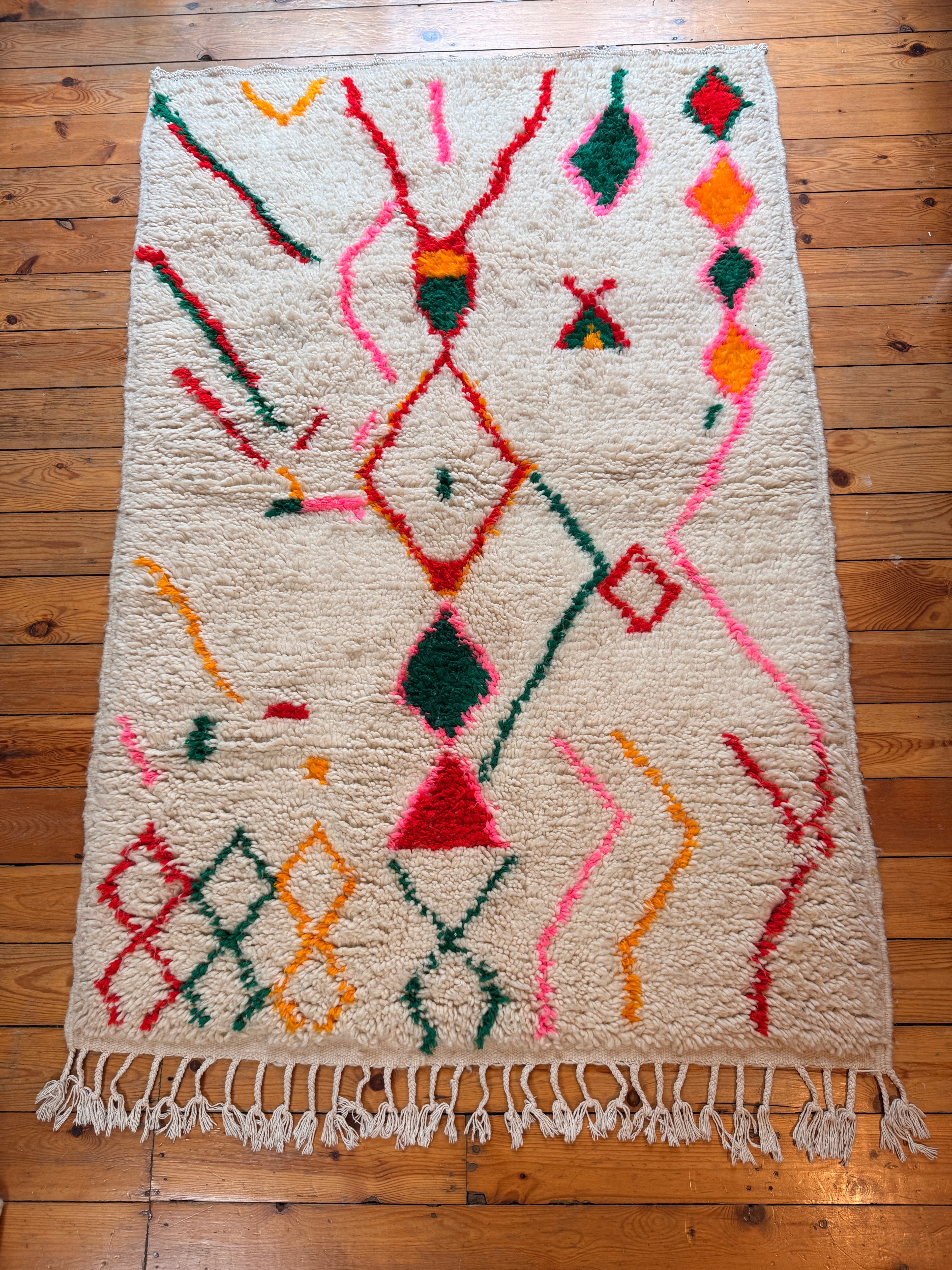 Amazigh (Berber) Rug - Cream with Colored lines - Moroccan Wool Carpet - Tissire Atelier - 
