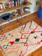 Amazigh (Berber) Rug - Cream with Colored lines - Moroccan Wool Carpet - Tissire Atelier - 