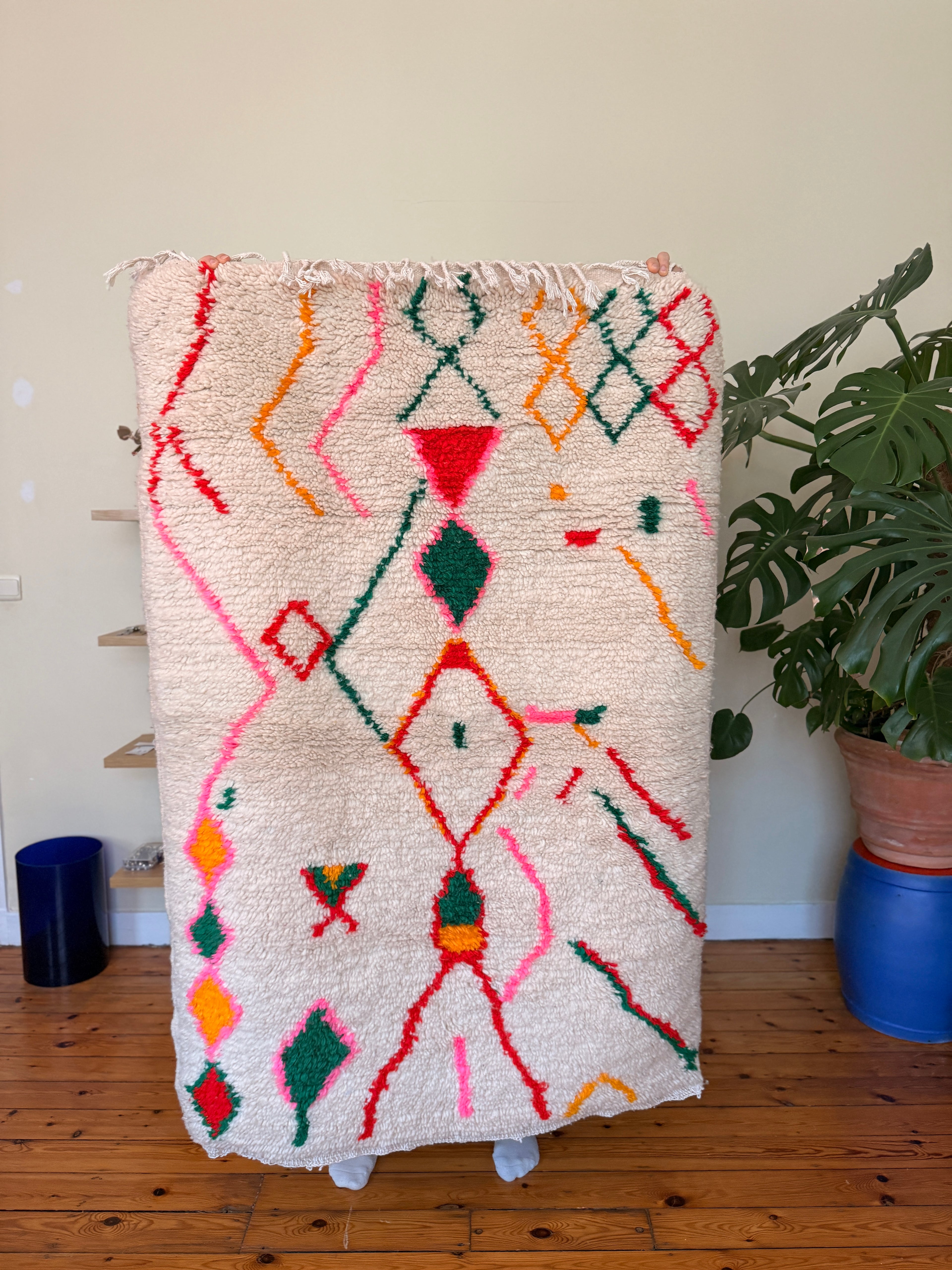 Amazigh (Berber) Rug - Cream with Colored lines - Moroccan Wool Carpet - Tissire Atelier - 