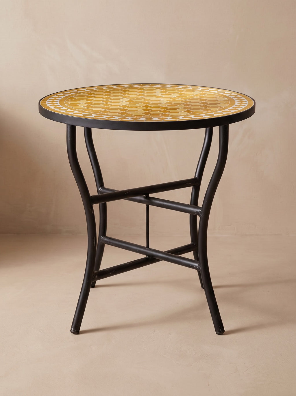 Assal honey yellow zellige mosaic side table on its folding wrought iron base, colour rendering of the design