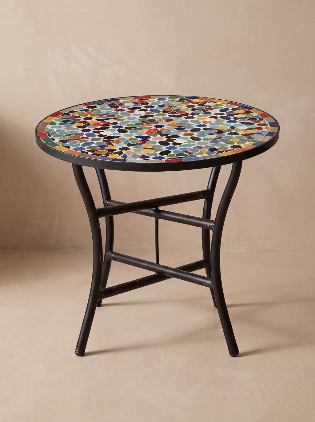 Bahja handmade zellige mosaic side table, multicolour eight-point stars on cream, on its folding wrought iron base