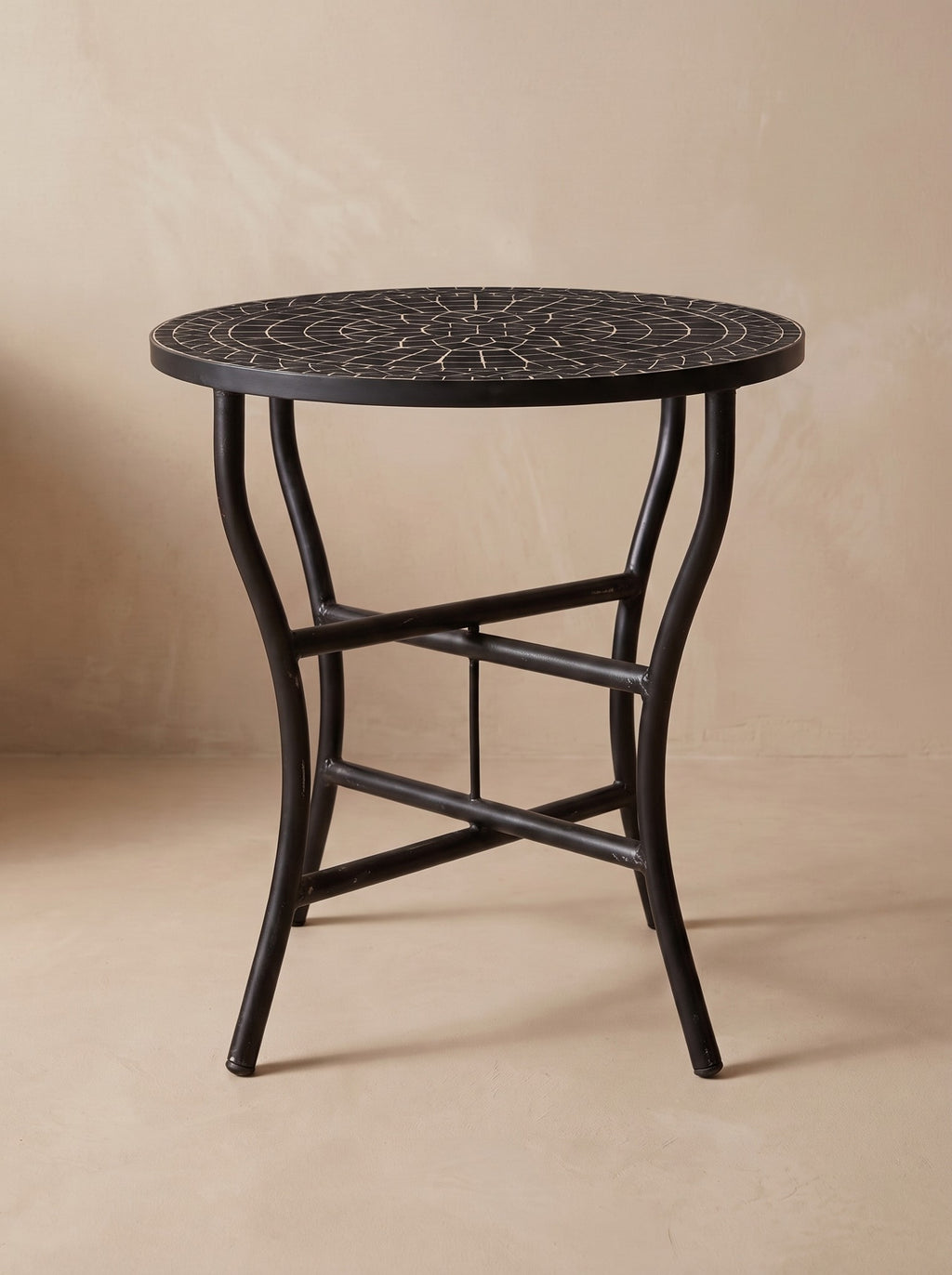 Kahla black zellige mosaic side table on its folding wrought iron base, colour rendering of the design
