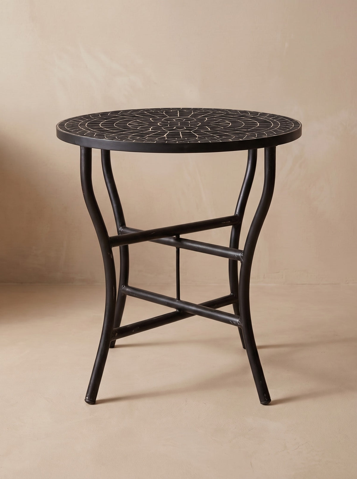 Kahla black zellige mosaic side table on its folding wrought iron base, colour rendering of the design