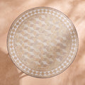Sahra zellige mosaic side table seen from above, tumbling diamonds in cream, sand and taupe with a sand and white border, colour rendering of the design