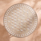 Sahra zellige mosaic side table seen from above, tumbling diamonds in cream, sand and taupe with a sand and white border, colour rendering of the design