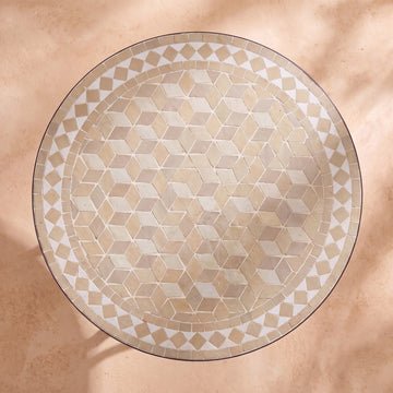 Sahra zellige mosaic side table seen from above, tumbling diamonds in cream, sand and taupe with a sand and white border, colour rendering of the design
