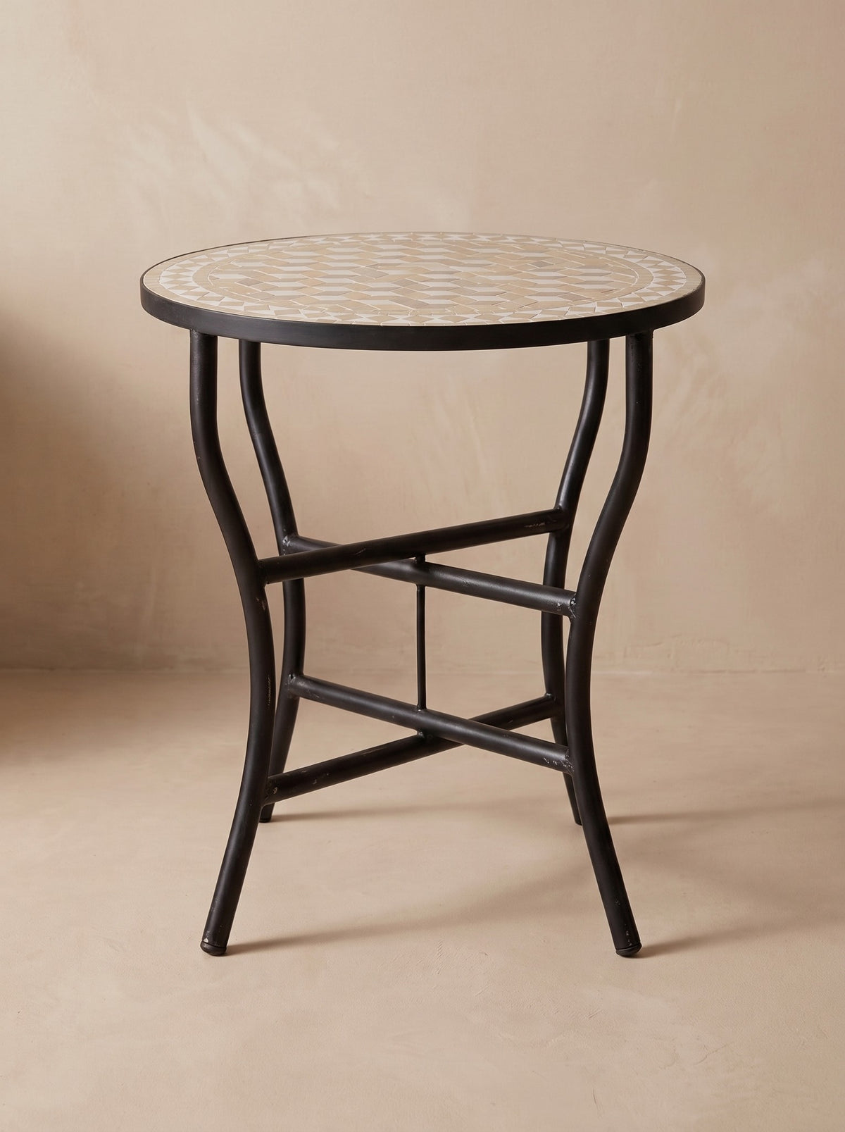 Sahra zellige mosaic side table in sand tones on its folding wrought iron base, colour rendering of the design