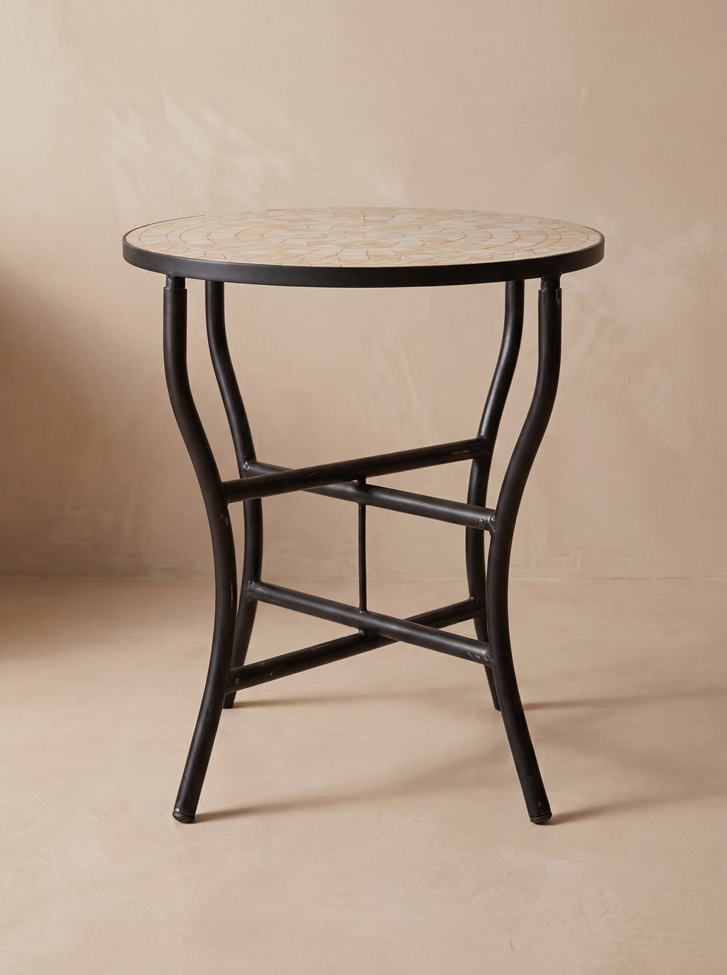 Semsem cream and sand zellige mosaic side table on its folding wrought iron base, colour rendering of the design