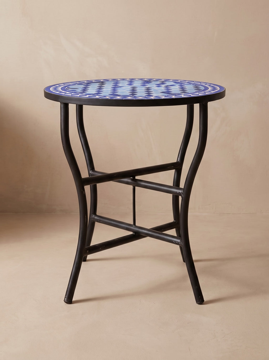 Zarqa blue zellige mosaic side table on its folding wrought iron base, colour rendering of the design
