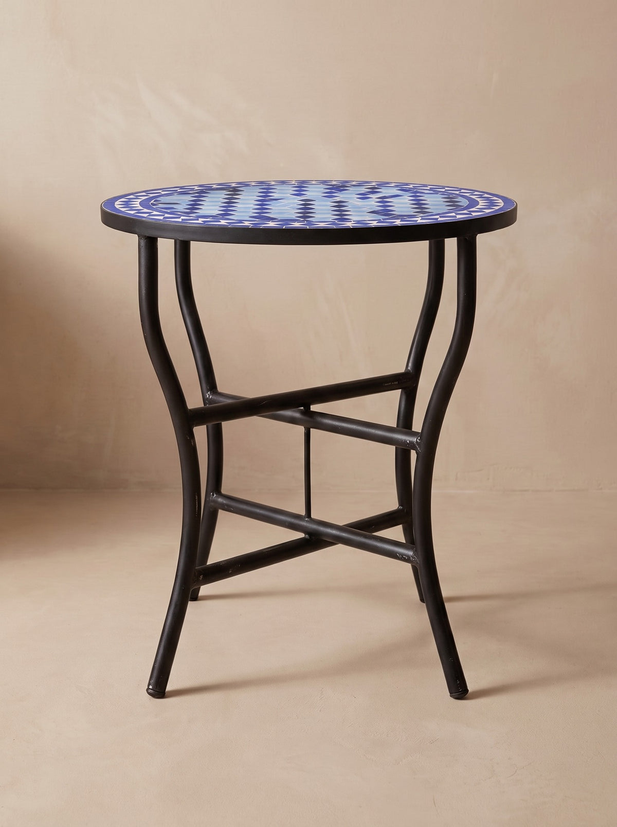 Zarqa blue zellige mosaic side table on its folding wrought iron base, colour rendering of the design