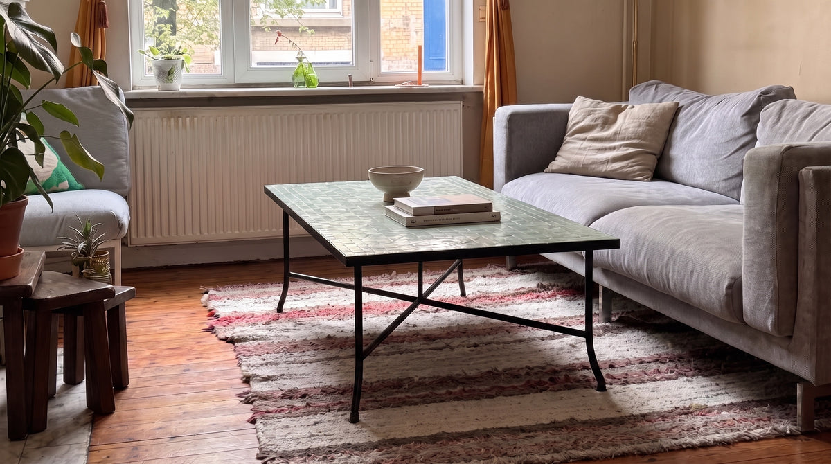 Atay zellige coffee table in a Brussels living room on the real folding base, design preview