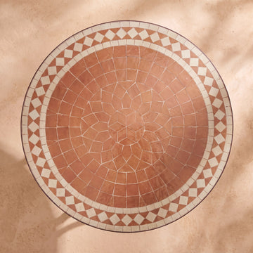 Trab zellige mosaic side table, terracotta fan with cream ring, colour rendering of the design