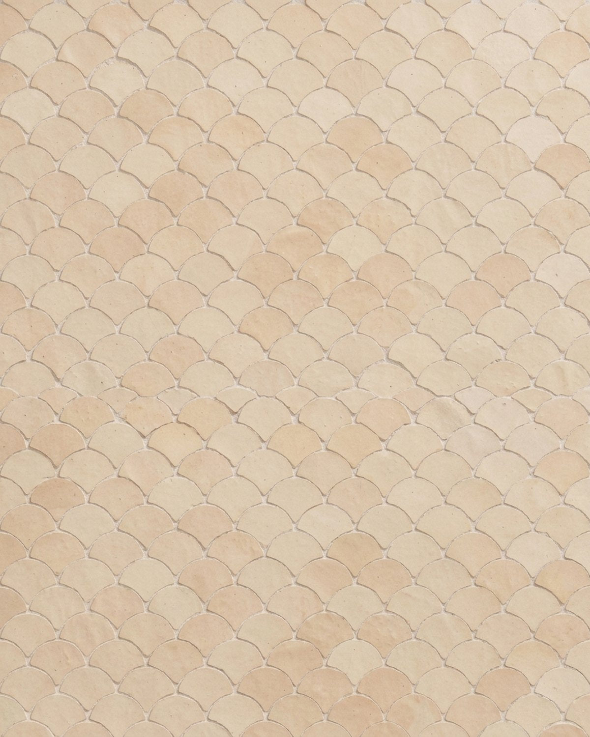 Houta zellige table shown on écaille de poisson. Styling image: a colour rendering of the design placed in a room, not a photograph of a finished table.