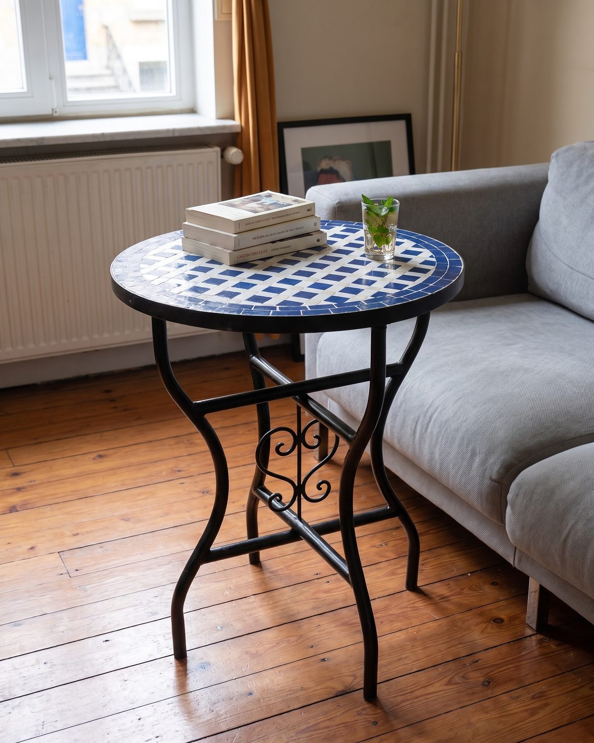 Layl zellige table shown on eichendielen. Styling image: a colour rendering of the design placed in a room, not a photograph of a finished table.