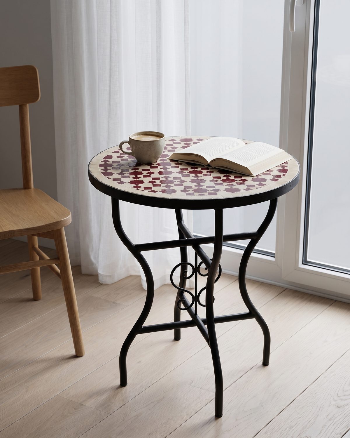 Roman zellige table shown on helle eichendielen. Styling image: a colour rendering of the design placed in a room, not a photograph of a finished table.