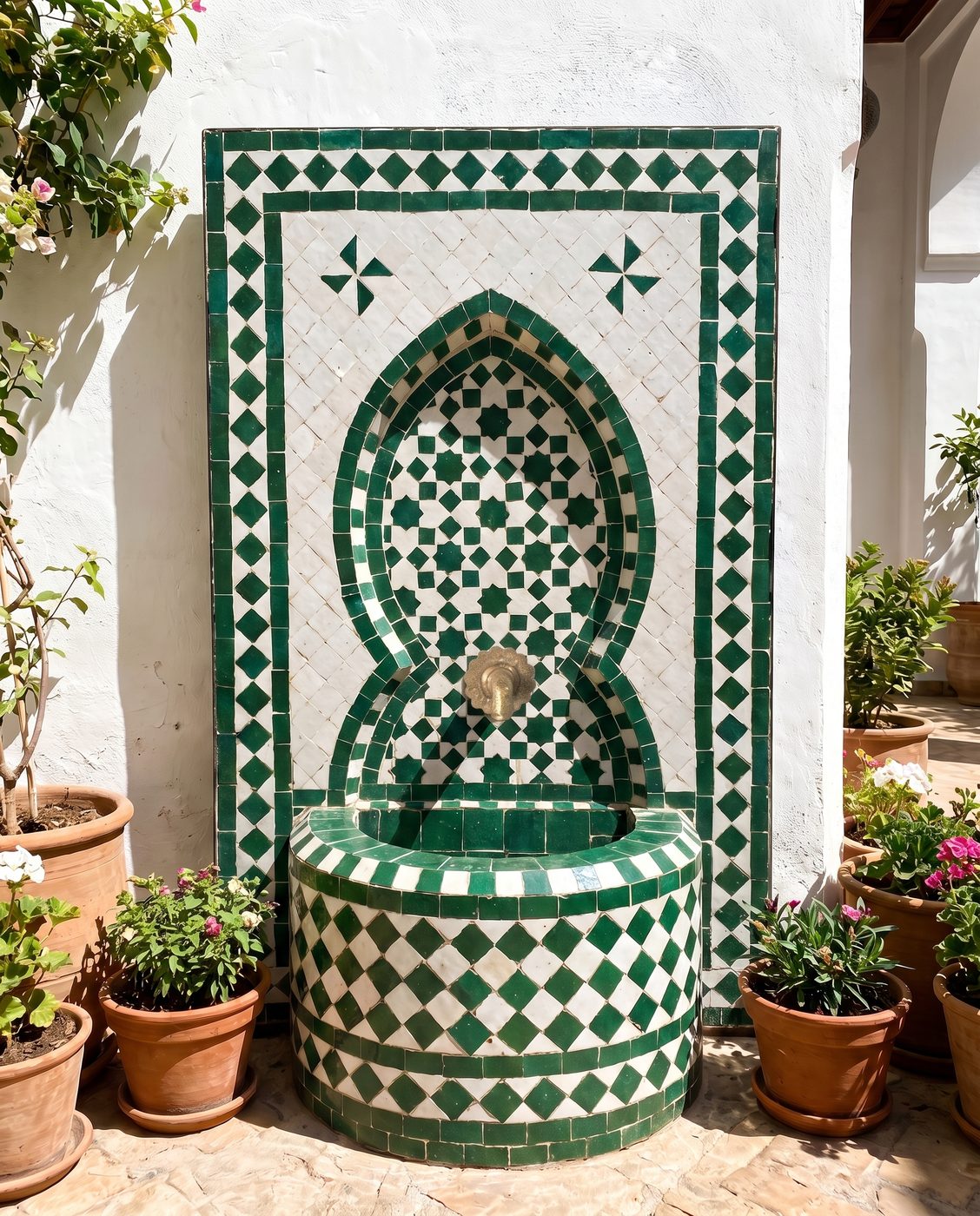 Grün-weißer Zellige-Brunnen in einem weißen Riad-Patio