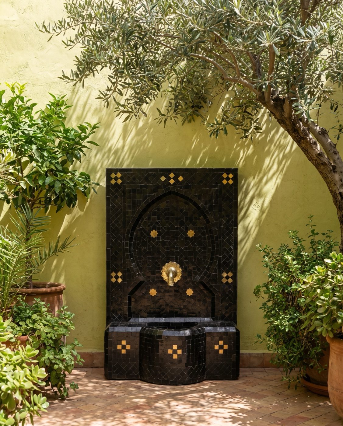 Schwarz-goldener Zellige-Brunnen in einem Hofgarten mit Olivenbaum