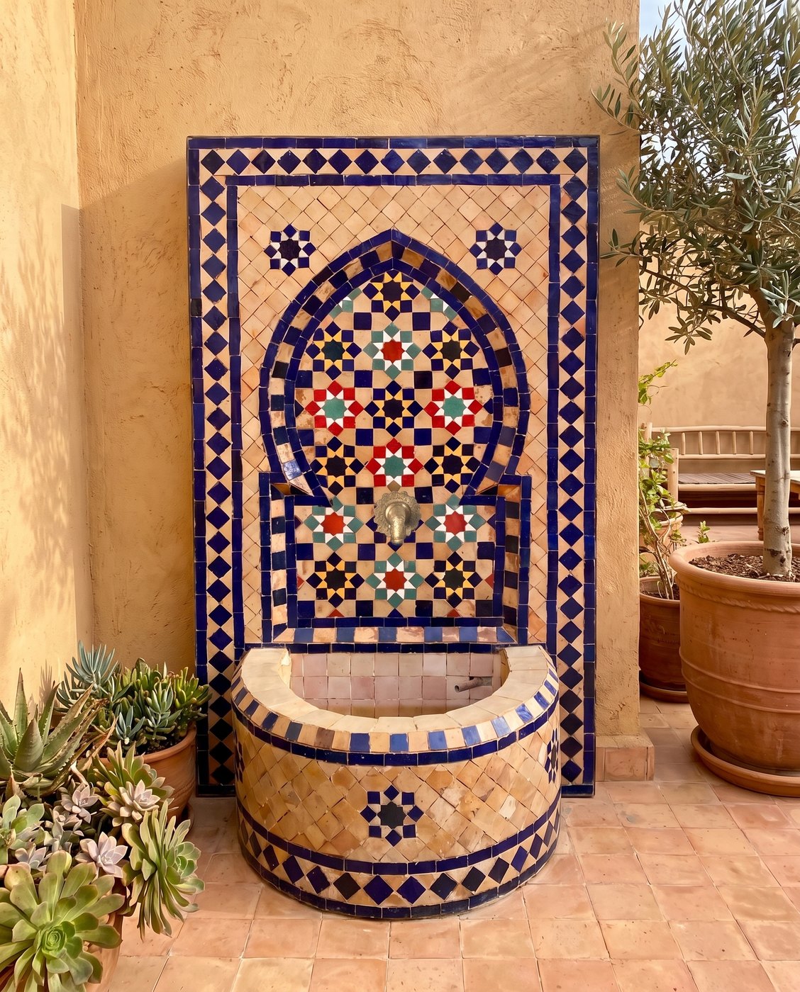Blau-rosa Zellige-Brunnen auf einer Tadelakt-Terrasse, gestaltetes Rendering