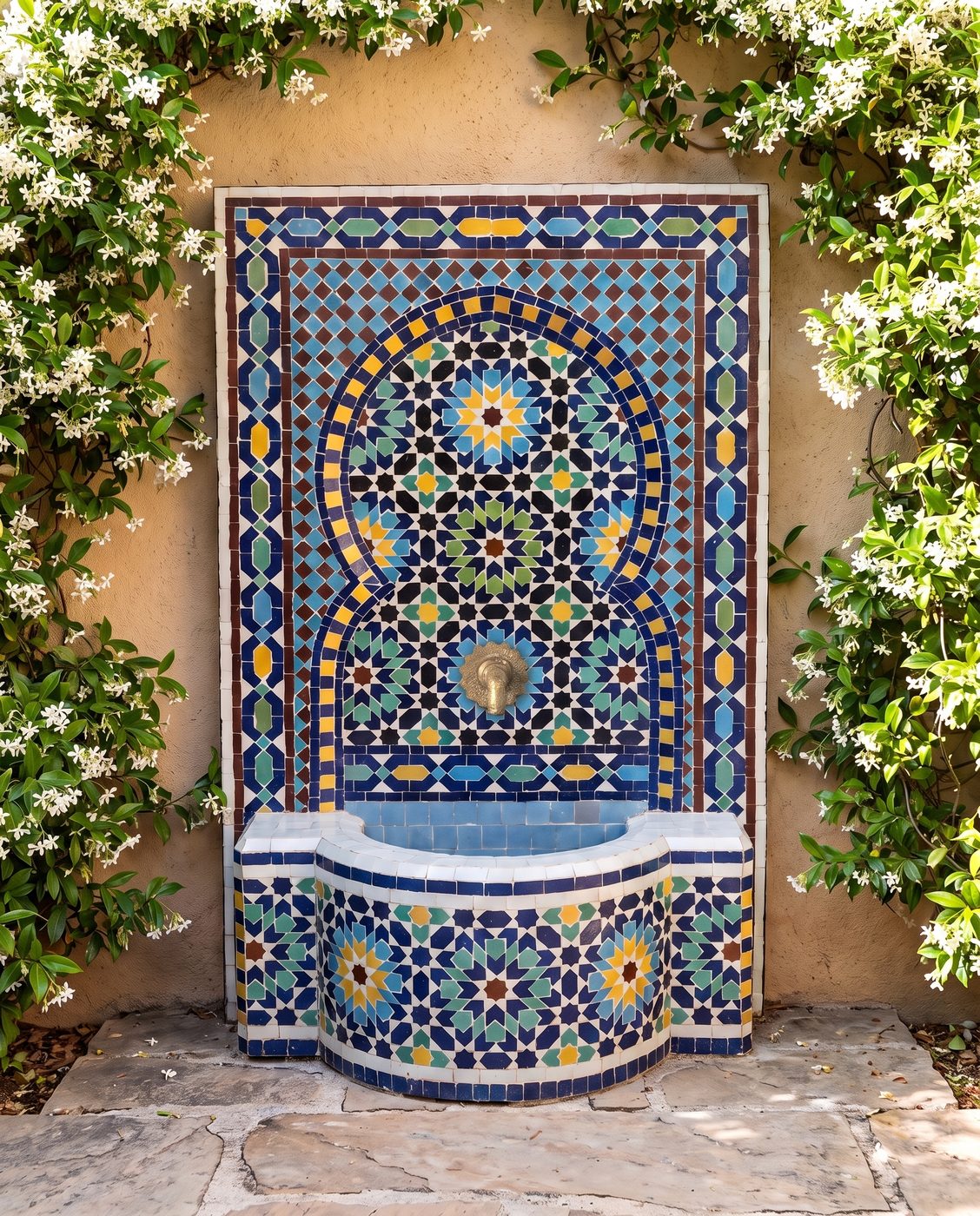 Mehrfarbiger Zellige-Brunnen an einer Gartenmauer mit Jasmin